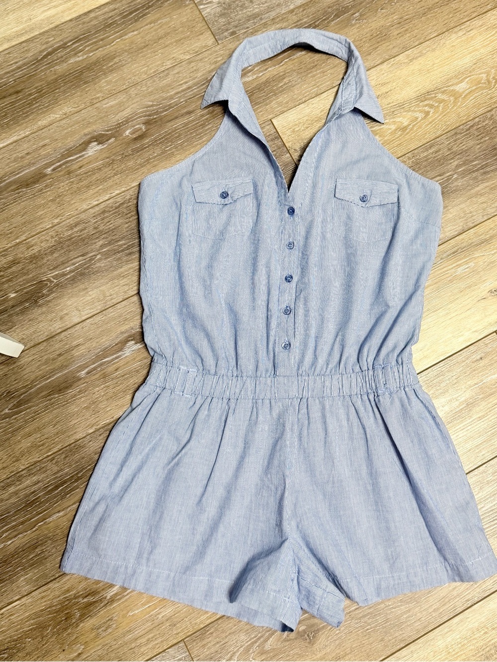 #19)  Light Blue Halter Button Cotton Romper